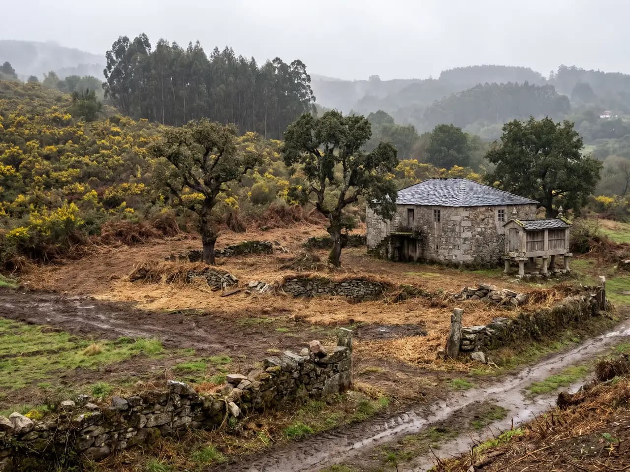 Casa de piedra con hórreo en una aldea gallega, con la finca de alrededor recién desbrozada, unos carballos separados entre sí y, más allá, tojo en flor y un eucaliptal