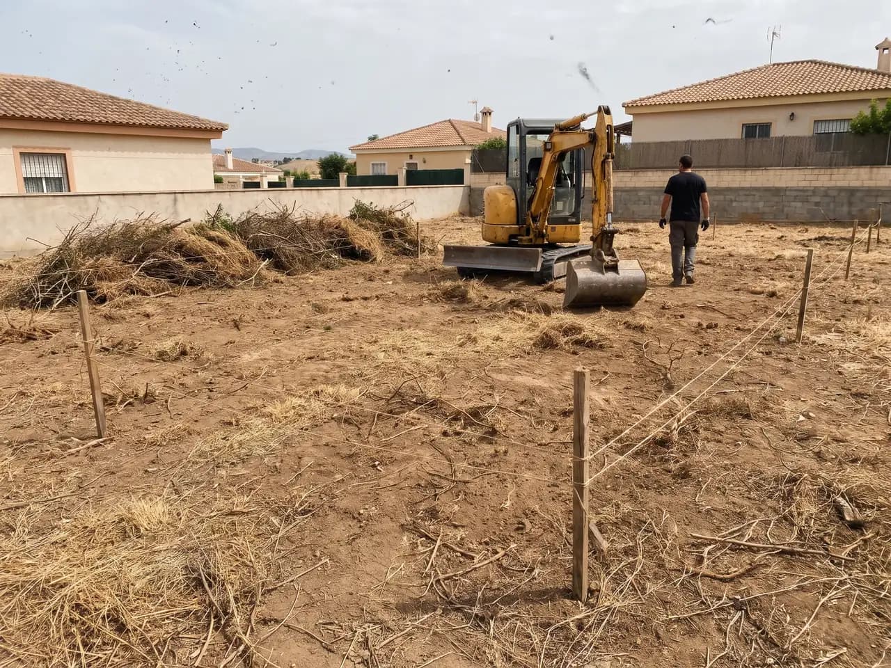 Parcela desbrozada con estacas de replanteo y una miniexcavadora al fondo