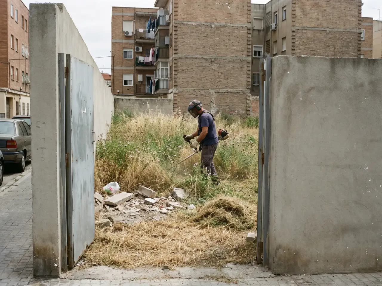 Solar vallado entre bloques de pisos, con escombros y maleza, y un operario con desbrozadora visto por la puerta de chapa abierta