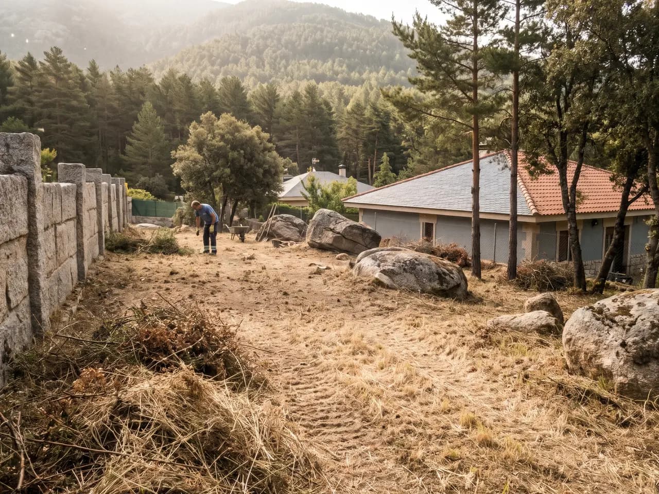 Parcela recién desbrozada en una urbanización de la sierra, con bolos de granito, tapia de piedra y pinar al fondo