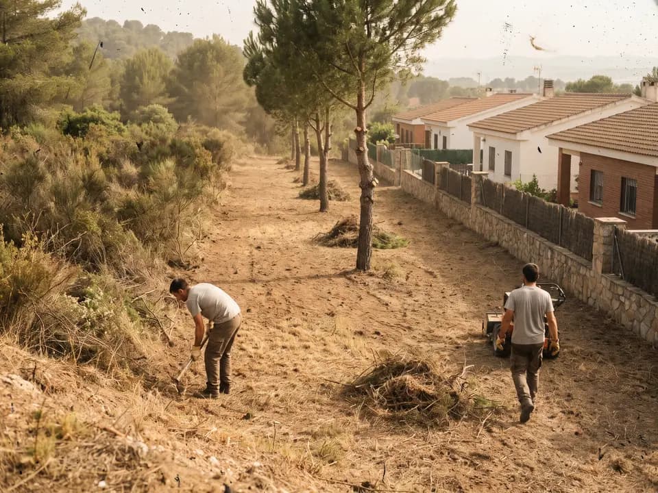 Franja limpia entre un pinar con matorral y las tapias de una fila de casas, vista desde una loma