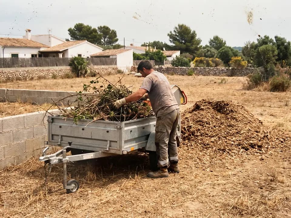 Operario cargando ramas en un remolque junto a un montón de astillas